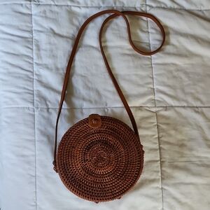 Brown Woven Round Rattan Boho Crossbody Bag